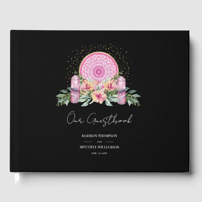 Rosa Blommigt Mandala Crystals Metaphysical Bröllo Gästböcker (Framsida)