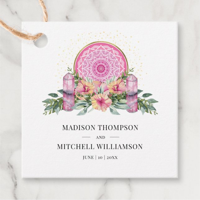 Rosa Blommigt Mandala Crystals Metaphysical Bröllo Gåvor Etiketter (Framsida)