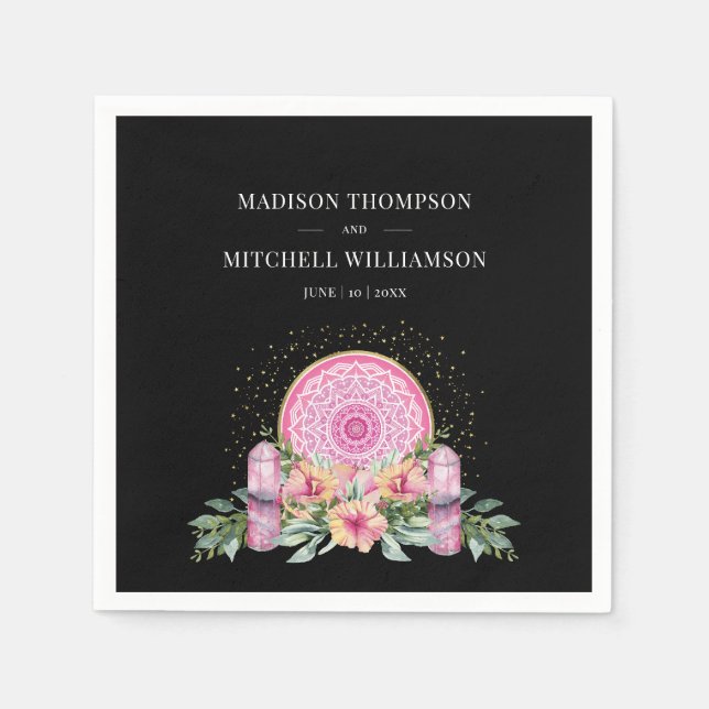 Rosa Blommigt Mandala Crystals Metaphysical Bröllo Pappersservett (Framsidan)
