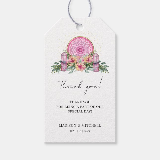 Rosa Blommigt Mandala Crystals Metaphysical Bröllo Presentetikett (Framsidan)