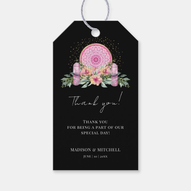 Rosa Blommigt Mandala Crystals Metaphysical Bröllo Presentetikett (Framsidan)