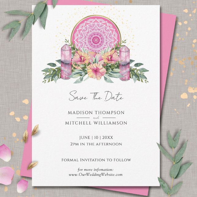 Rosa Blommigt Mandala Crystals Metaphysical Bröllo Spara Datumet (Skapare uppladdad)