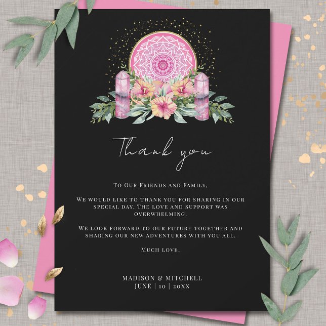 Rosa Blommigt Mandala Crystals Metaphysical Bröllo Tack Kort (Skapare uppladdad)