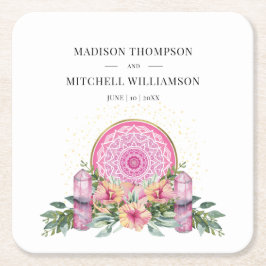 Rosa Blommigt Mandala Crystals Metaphysical Bröllo Underlägg Papper Kvadrat