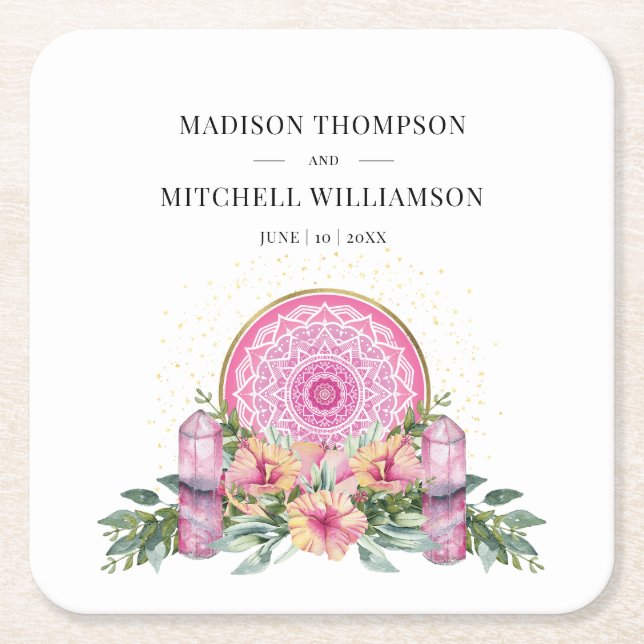 Rosa Blommigt Mandala Crystals Metaphysical Bröllo Underlägg Papper Kvadrat (Framsidan)