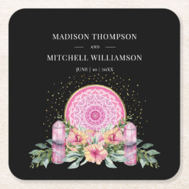 Rosa Blommigt Mandala Crystals Metaphysical Bröllo Underlägg Papper Kvadrat