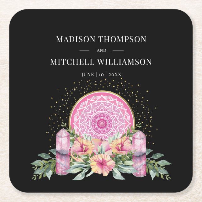 Rosa Blommigt Mandala Crystals Metaphysical Bröllo Underlägg Papper Kvadrat (Framsidan)