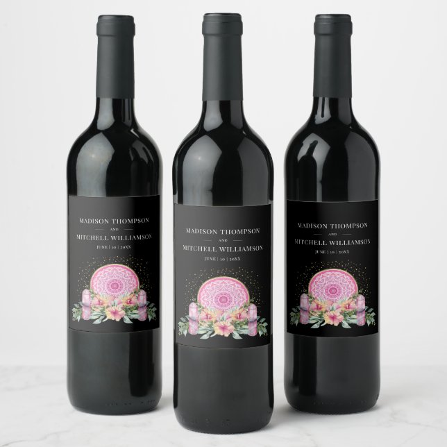 Rosa Blommigt Mandala Crystals Metaphysical Bröllo Vinflaska Etikett (Flaskor)