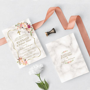Rosa Blommigt Marble Spansk 1:a födelsedag Inbjudningar