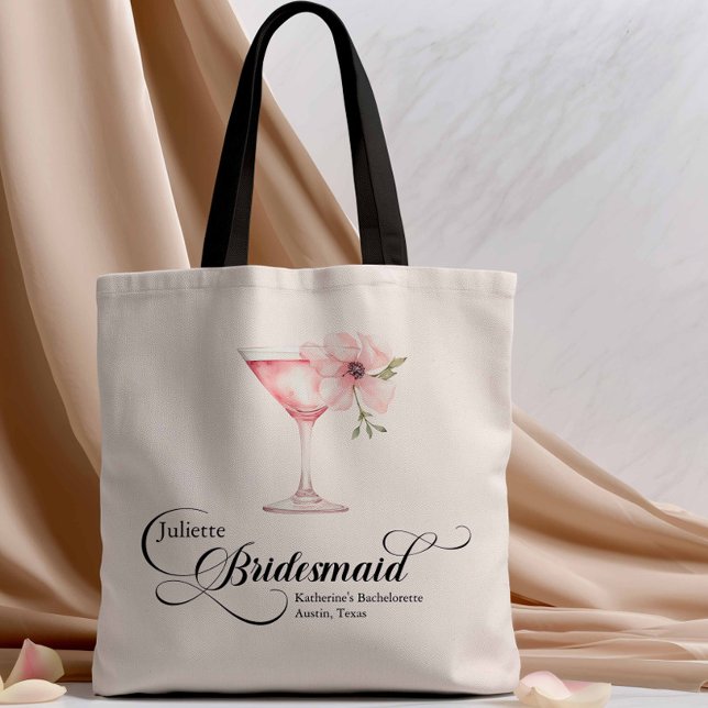 Rosa Blommigt Martini Bridesmaid Bachelorette Tygkasse (Pink Floral Bridesmaid Tote Bag)