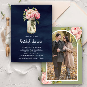 Rosa Blommigt Mason Burk Photo Navy Möhippa Inbjudningar