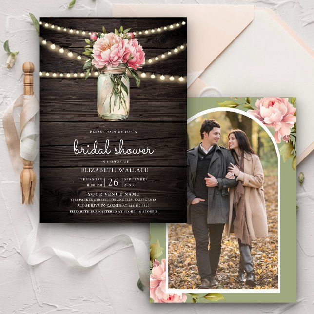 Rosa Blommigt Mason Burk Photo Wood Möhippa Inbjudningar (Skapare uppladdad)