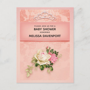 Rosa blommigt med Diamond Tiara Elegant Baby Showe Inbjudan Vykort