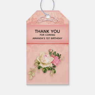 Rosa blommigt med Diamond Tiara Princess Birthday Presentetikett