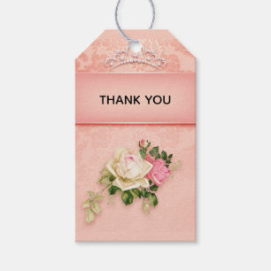Rosa blommigt med Diamond Tiara Princess Tack Presentetikett
