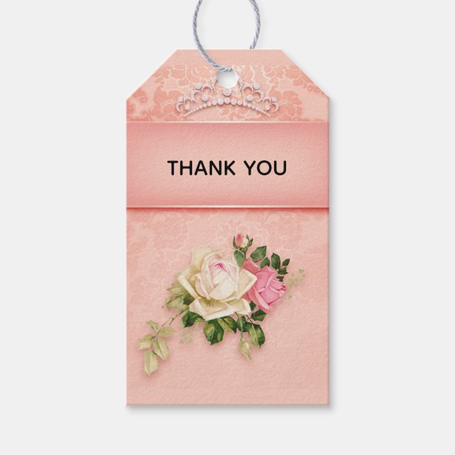Rosa blommigt med Diamond Tiara Princess Tack Presentetikett (Framsidan)