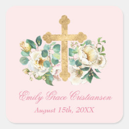 Rosa Blommigt med Guld Kor-baptism Fyrkantigt Klistermärke