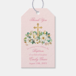 Rosa Blommigt med Guld Kor-baptism Presentetikett