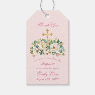 Rosa Blommigt med Guld Kor-baptism Presentetikett