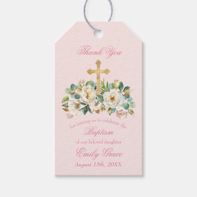 Rosa Blommigt med Guld Kor-baptism Presentetikett (Framsidan)