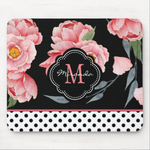 Rosa Blommigt med Polka dots och Monogram Musmatta