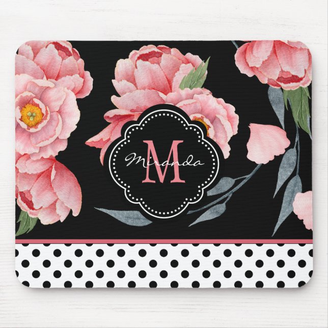 Rosa Blommigt med Polka dots och Monogram Musmatta (Framsidan)