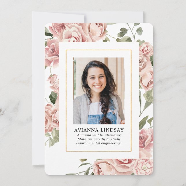 Rosa Blommigt med Studentfesten Foto på baksida Inbjudningar (Baksida)