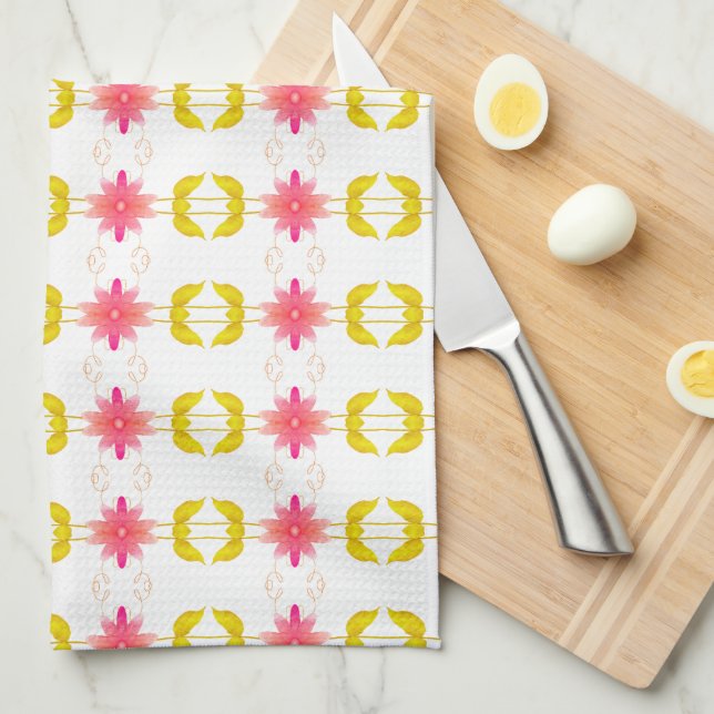 Rosa Blommigt med vitt och gyllene Kökshandduk (Vikt i Fjärdedel)