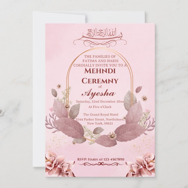 Rosa Blommigt Mehndi Islamic Wedding InvestigCard Inbjudningar (Framsida)