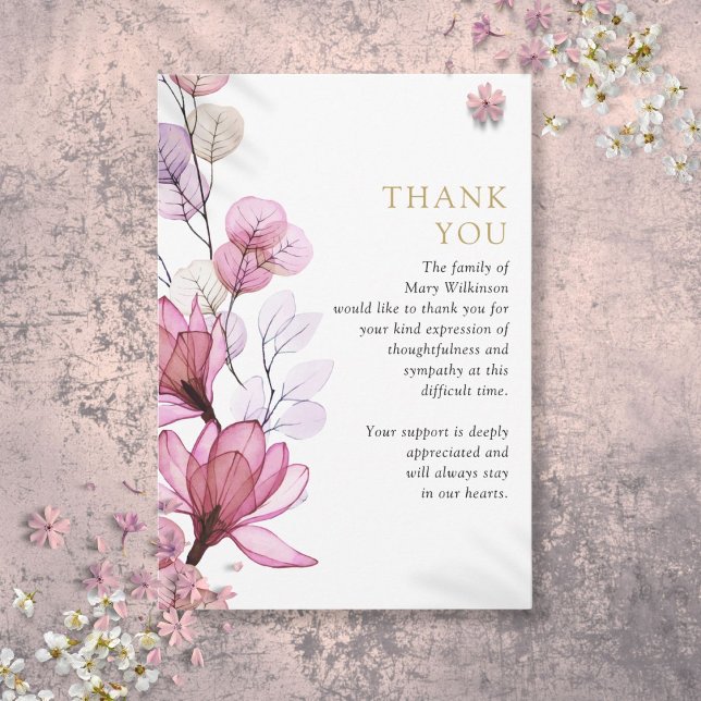 Rosa Blommigt Memorial Firande of Life Funeral Tack Kort (Pink Floral Memorial Celebration Of Life Funeral Thank You Card)