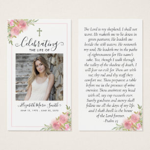 Rosa Blommigt Memorial Service Funeral Prayer Card Visitkort