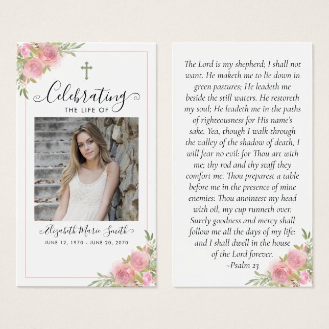 Rosa Blommigt Memorial Service Funeral Prayer Card Visitkort (Framsida & baksida)