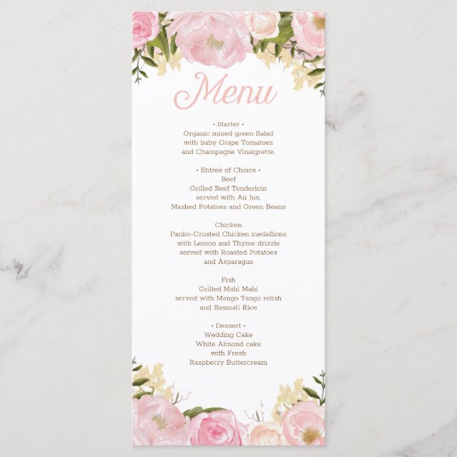Rosa Blommigt Menu Möhippa Bröllop Meny (Framsida)