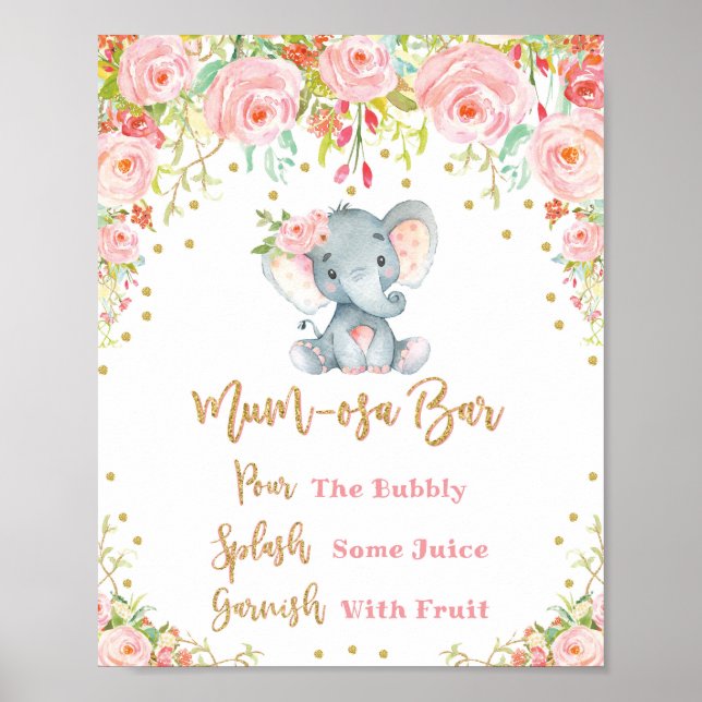 Rosa Blommigt Mimosa Mumosa Pub Sign Baby Shower Poster (Framsidan)
