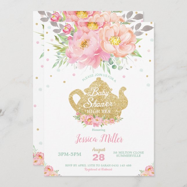 Rosa Blommigt Mint Baby Shower High Tea Party Girl Inbjudningar (Fram/baksida)
