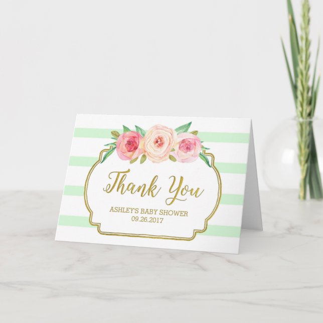 Rosa Blommigt Mint Rand Baby Shower Tack Kort (Framsida)