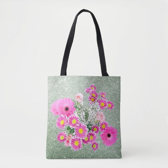 Rosa Blommigt Mjuk Grönt Faux Glitter Tygkasse (Framsida)