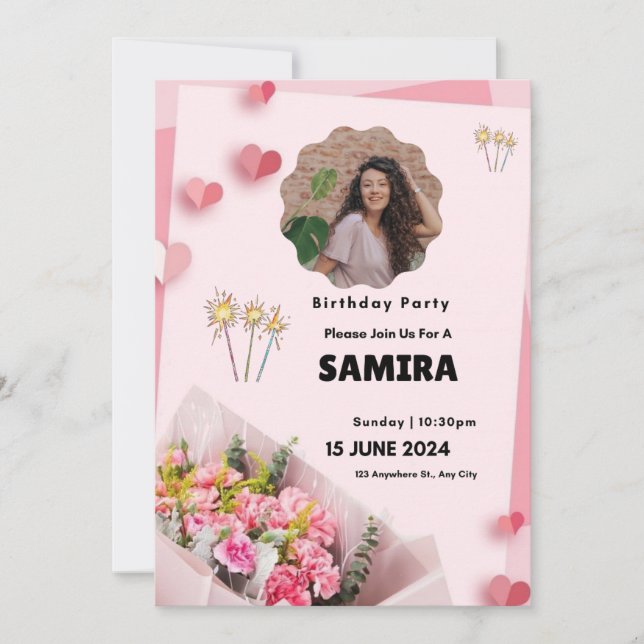 Rosa Blommigt Modern födelsedag Inbjudningar (Framsida)