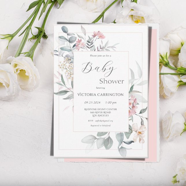 Rosa Blommigt Modern Girl Baby Shower Inbjudningar (Skapare uppladdad)