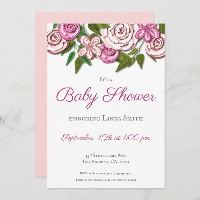 Rosa Blommigt Modern Illustrated Girl Baby Shower Inbjudningar (Fram/baksida)