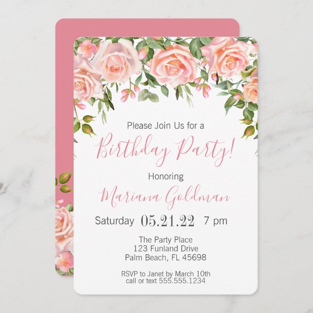 Rosa Blommigt Modern Party Inbjudningar (Fram/baksida)