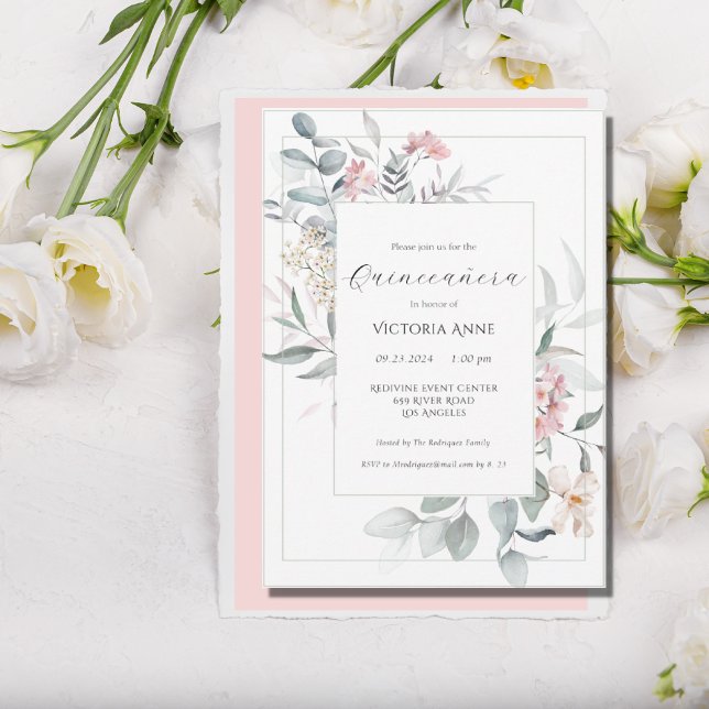 Rosa Blommigt Modern Quinceañera Inbjudningar (Skapare uppladdad)
