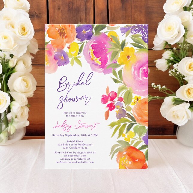Rosa blommigt - möhippa för sommarvattenfärg inbjudningar (Pink summer floral watercolor bridal shower invitation)