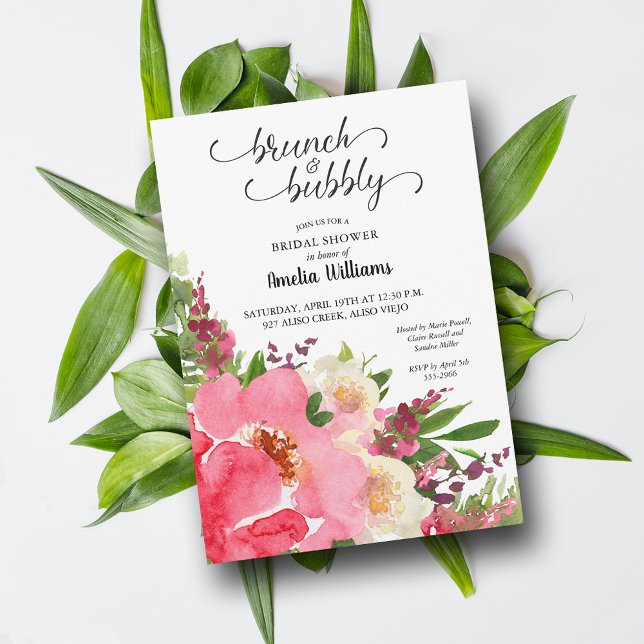 Rosa Blommigt Möhippa för vattenfärg Inbjudningar (Pink Floral Watercolor Bridal Shower Invitations - INSTANT DOWNLOAD and/or PRINTED)