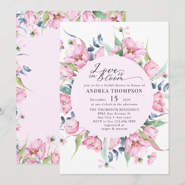 Rosa Blommigt Möhippa för vattenfärg Vår Inbjudningar (Fram/baksida)