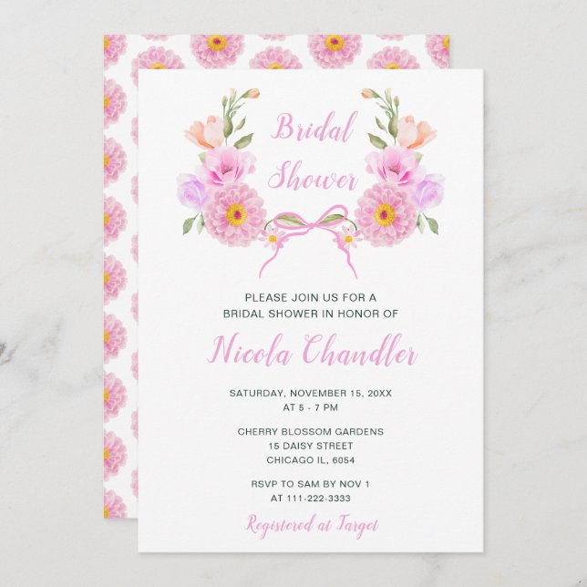 Rosa Blommigt Möhippa i menyfliksområdet Inbjudningar (Fram/baksida)