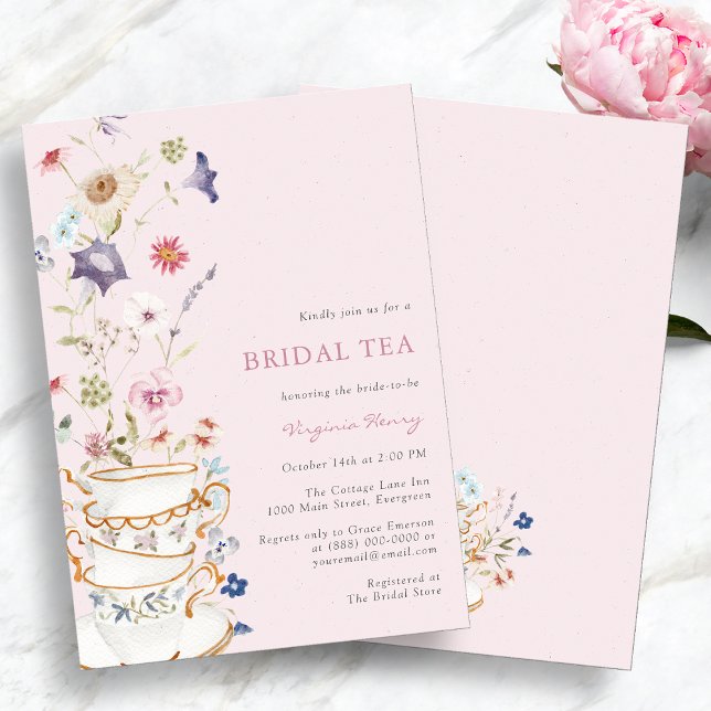 Rosa Blommigt Möhippa Tea Inbjudningar (Elegant Pink Floral Bridal Tea Invitation by Painted Paperie
)