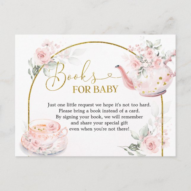 Rosa Blommigt Möhippa Tea Party Bokar för Baby Inbjudan Vykort (Framsida)