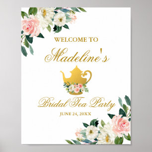 Rosa Blommigt Möhippa Tea Party Guld Välkomsthälsn Poster