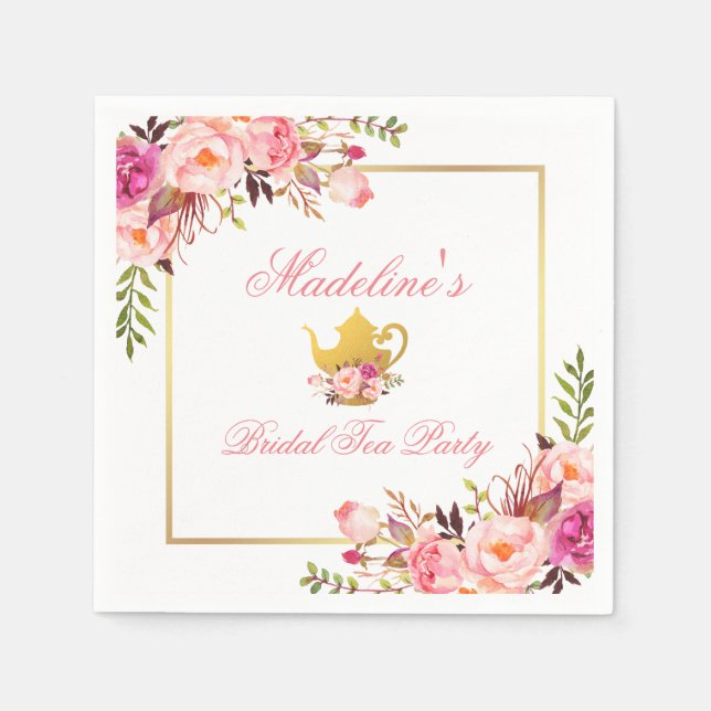 Rosa Blommigt Möhippa Tea Party Pappersservett (Framsidan)